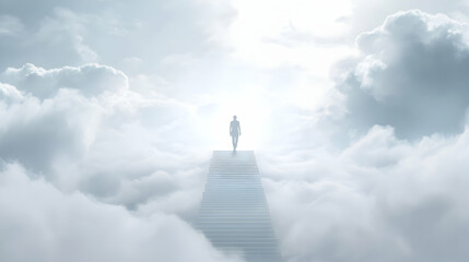 A minimalist scene with a simple, white stairway that fades into the clouds. The person is depicted as a silhouette, walking toward a bright, abstract light at the end of the staircase