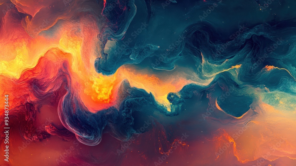 Poster technicolor symphony - abstract ai-generated digital art with vibrant colors and shapes merging seam