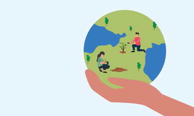People saving  earth planet, making green and Protect nature and ecology. Earth day. Flat vector illustration.