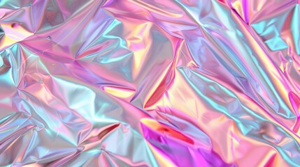 Iridescent Silver Holographic Background, a seamless texture featuring crumpled chrome foil with a pastel rainbow prism effect, embodying retro 80s vaporwave and cyberpunk aesthetics.