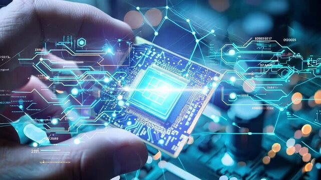 Engineer is holding a cpu chip with glowing digital network connections, symbolizing the power and potential of technology in the digital age