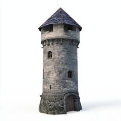 3D Render of a castle watchtower with defensive battlements and a small tower roof, on isolated white background