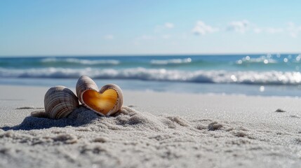 Obraz premium A serene scene featuring seashells resting on a sandy beach with the ocean waves gently in the background, symbolizing calm and natural beauty.