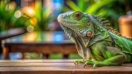 Fototapeta premium Green iguana looking in awe off camera while perched on edge of outdoor table