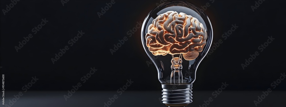 Poster 3d brain model encased within a luminous lightbulb,symbolizing the power of idea potential,and the c