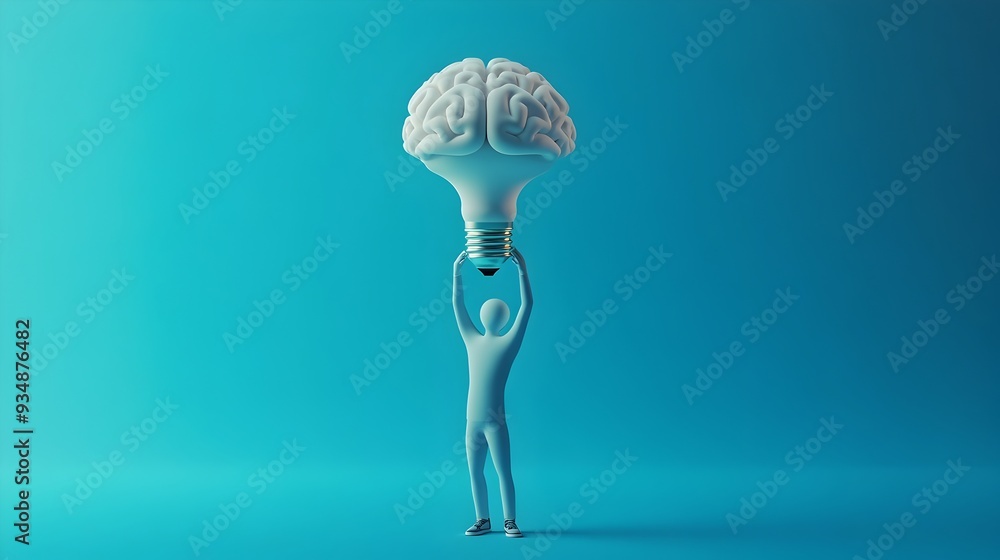 Aufkleber 3d rendering depicting a character or avatar holding a glowing brain-shaped lightbulb,representing b