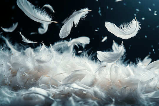 White feathers falling on a pile of feathers. Swan feather