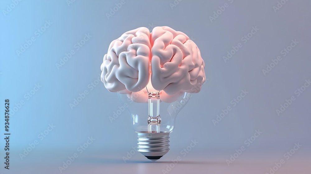 Poster 3d rendering of a brain-shaped lightbulb,representing the power of creative solutions,innovative thi