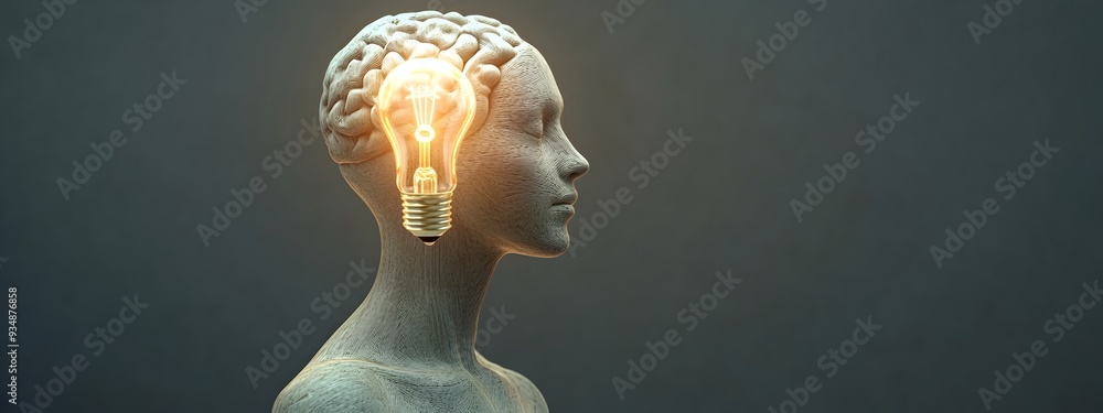 Aufkleber 3D Rendering of a Human-like Figure with a Glowing Lightbulb as the Brain,Symbolizing Strategic Thinking,Creativity,and Innovative Problem Solving