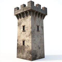 3D Render of a medieval watchtower with a crenellated top and observation windows, on isolated white background