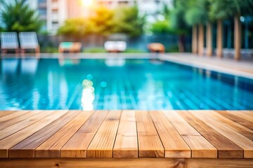 Wooden top with blurred empty Swimming pool background can be used for mocking up or display product to make advertising