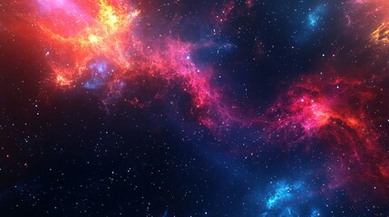 Cosmic Dance of Color: A vibrant nebula swirls with hues of red, blue, and orange, igniting the cosmos in a breathtaking display. 