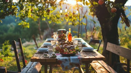 Fototapeta premium Rustic summer table setting in nature.