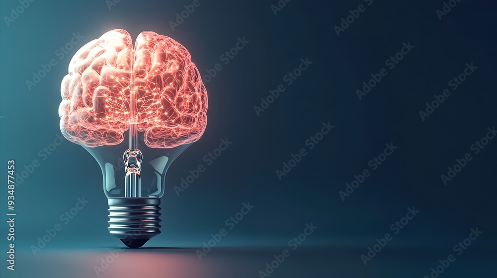 Poster a 3d rendered image of a brain-shaped lightbulb,representing the power of creative solutions and inn