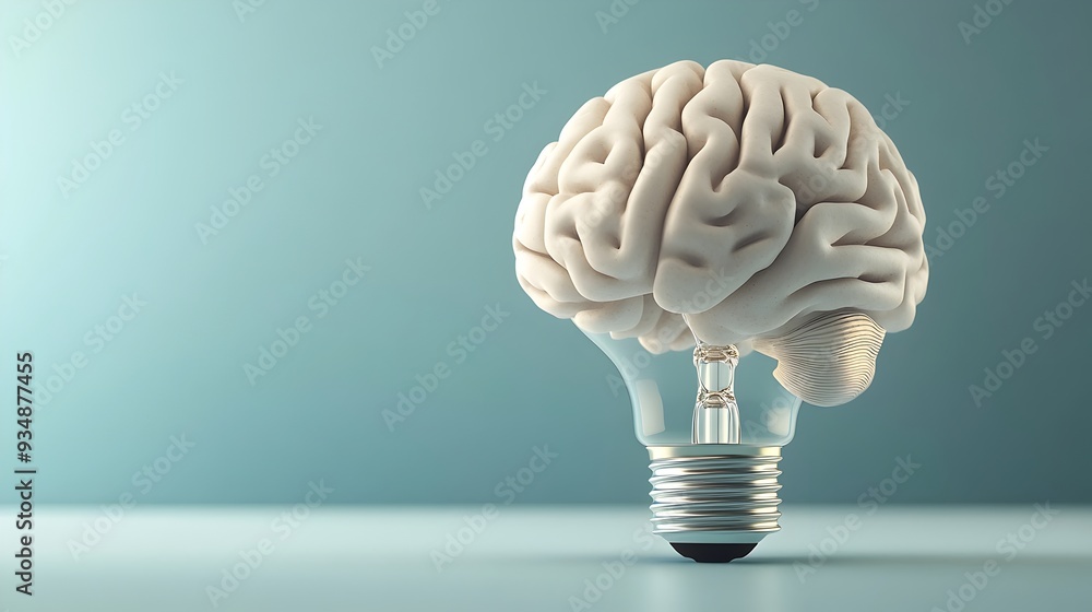 Poster a 3d rendered image of a brain-shaped lightbulb,symbolizing the power of creative thinking,innovativ