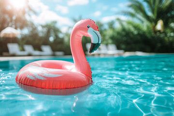 Pink inflatable flamingo in an infinity pool, summer theme