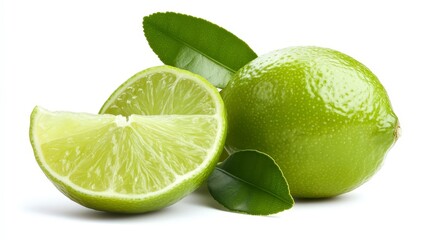 A whole lime, a halved lime, and lime leaves isolated on white.