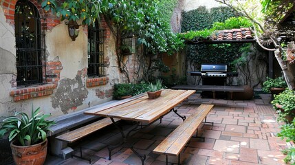 Obraz premium Cozy Patio with Brick Walls and Wooden Table.