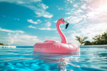Fototapeta premium Pink inflatable flamingo in an infinity pool, summer theme