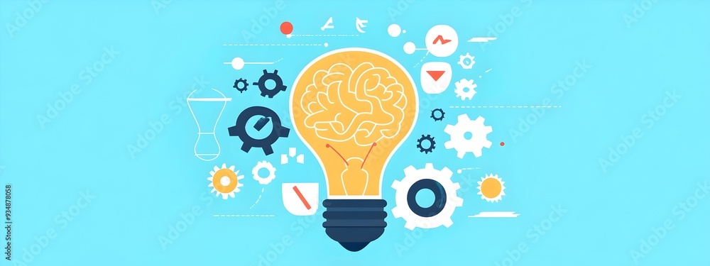 Poster a conceptual depicting a lightbulb surrounded by cogs and gears,symbolizing the process of innovativ