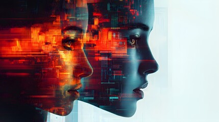 High-tech double exposure with human faces and speech recognition software overlay, a glimpse into AI-enhanced communication, vibrant yet subtle tones