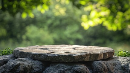 Fototapeta premium Nature's Pedestal: Rustic stone podium in a sun-dappled forest glade, perfect for product placement amidst serene greenery. 