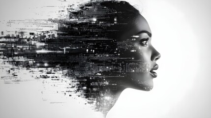 AI-generated speech patterns in double exposure with human lips and digital code.--style raw