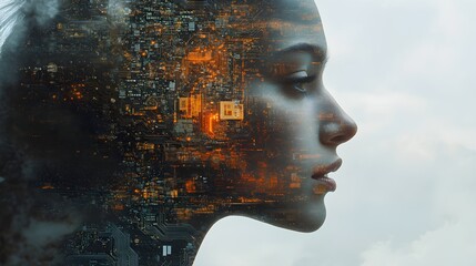 Double exposure of a human face with digital circuits and soundwaves, illustrating AI voice recognition.--style raw