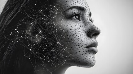 Close-up of a human face intertwined with speech recognition lines in double exposure, symbolizing AI-enhanced communication, modern and sleek--style raw
