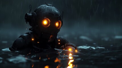 A mysterious robot with glowing eyes emerges from dark water, surrounded by rain and atmospheric ambiance, evoking intrigue.
