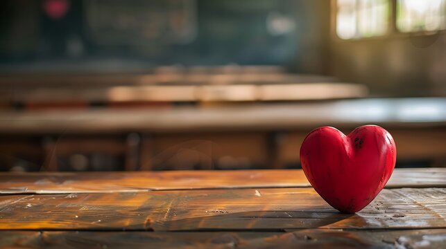 Heart in empty class on wooden background