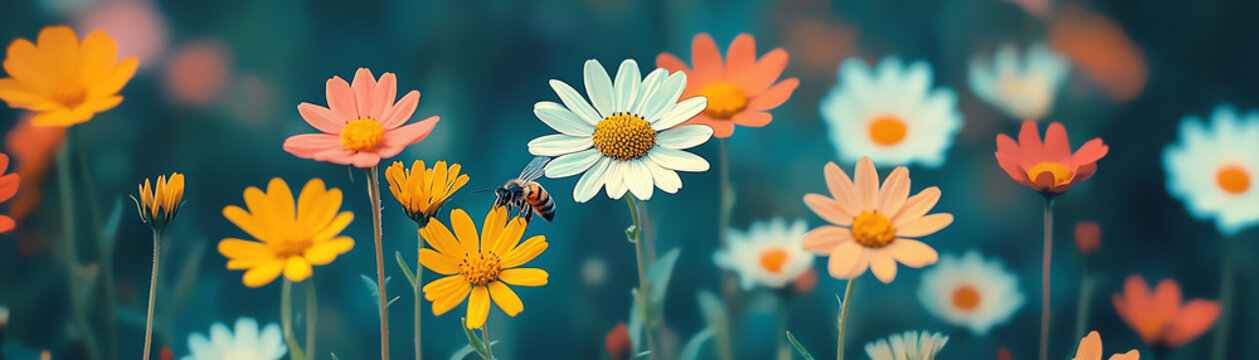 A vibrant field of colorful flowers, featuring daisies and wildflowers in delicate bloom during a sunny day, evoking joy.