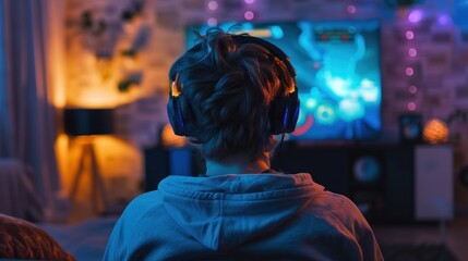 Fototapeta premium Woman Wearing Headphones Playing Video Games.