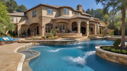"Family-Friendly Pool with Splashing Water Features"