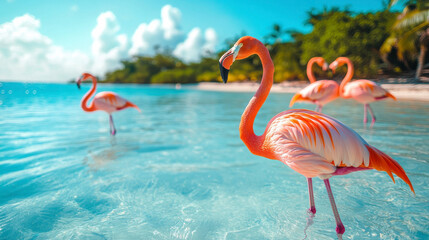 A vibrant group of flamingos wading in clear blue water, surrounded by lush greenery and bright sky, creating a tropical paradise feel.