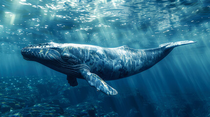 Naklejka premium Humpback Whale Swimming Through Sunbeams in Deep Blue Ocean