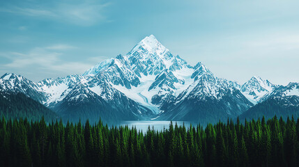 Fototapeta premium Stunning mountain landscape with snow-capped peaks and serene lake, surrounded by lush green forest under a clear sky.
