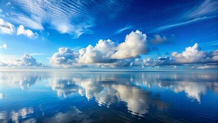 Fototapeta premium Scenic blue sky with fluffy clouds reflecting on calm water with waves, creating a serene empty seascape landscape