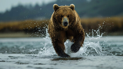 Obraz premium Brown Bear Running Through Water With Splashing Water