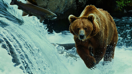 Grizzly Bear Hunting Salmon in a Waterfall