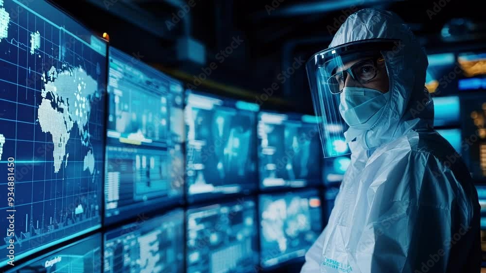Poster scientist in ppe suit is working in a laboratory with multiple screens displaying data analysis and 