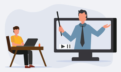 Students e-learning by listening to lecturer on laptop. Webinar, online video training, online classes concept with character. Remote teaching, conference technology. modern flat vector illustration. 