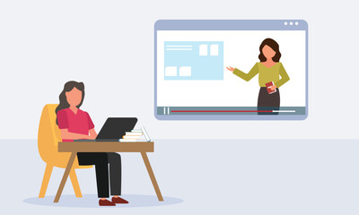 Students e-learning by listening to lecturer on laptop. Webinar, online video training, online classes concept with character. Remote teaching, conference technology. modern flat vector illustration. 