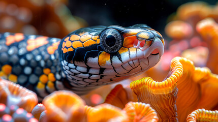 Close-Up of a Black and Orange Snake with an Eye and Mouth Open