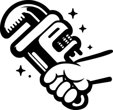recommend clip art: Plumber hand holding wrench in monochrome. Communication professional development. Simple minimalistic vector in black ink drawing on transparent background