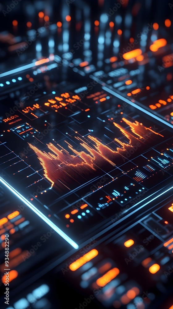 Poster ascending 3d business growth chart featuring a dynamic data visualization with glowing holographic u