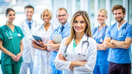 Fototapeta premium Attractive female doctor in front of medical group