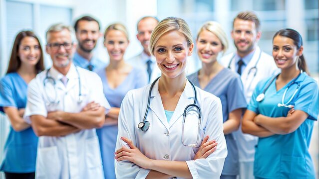 Attractive female doctor in front of medical group