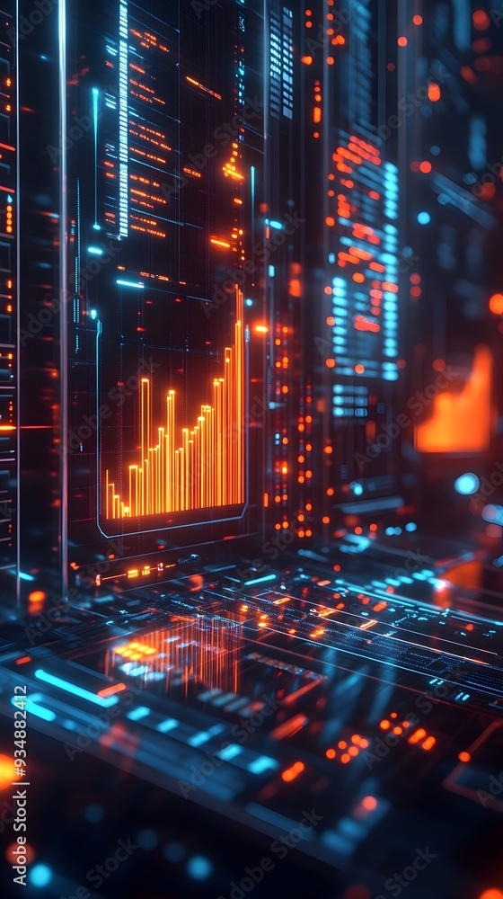 Poster ascending 3d business growth chart featuring a dynamic data visualization with a glowing holographic