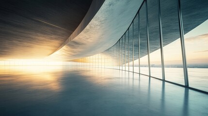 Sunrise on Modernity: A vast, empty hall with curved concrete walls and expansive windows bathes in the warm glow of a sunrise, reflecting off the polished floor.  